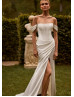Off Shoulder Ivory Satin Slit Sexy Wedding Dress